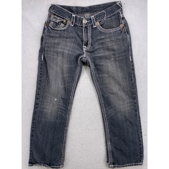 True Religion Joey Super T Jeans Men 34x33 Distressed Dark Wash Horseshoe Stitch - Picture 1 of 16